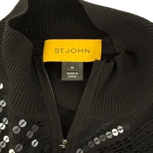 ST JOHN Black Sequin Zip Up Mock Neck Sweater Jacket Women's Medium Evening
